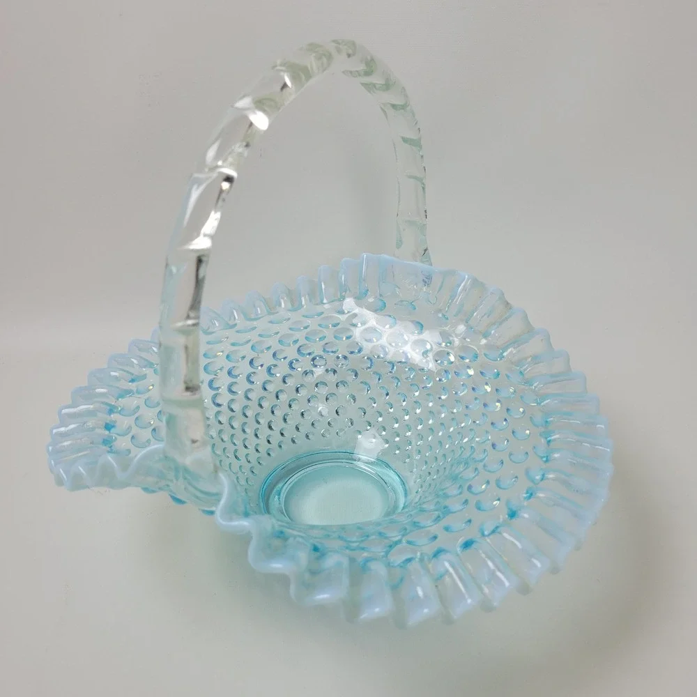 Fenton Blue Hobnail Opalescent Glass Basket Ruffled Edge Twisted Handle 10